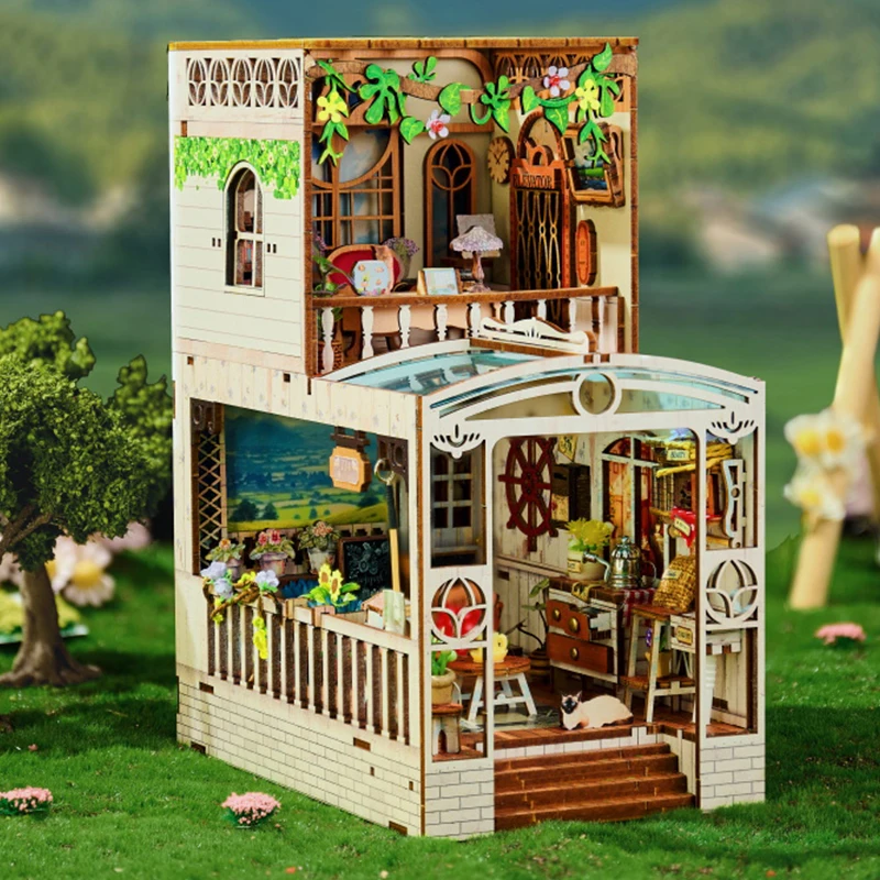 Diy de madeira momentos felizes livro nook prateleira inserção kits modelo em miniatura estante com luz estante para amigos presentes aniversário