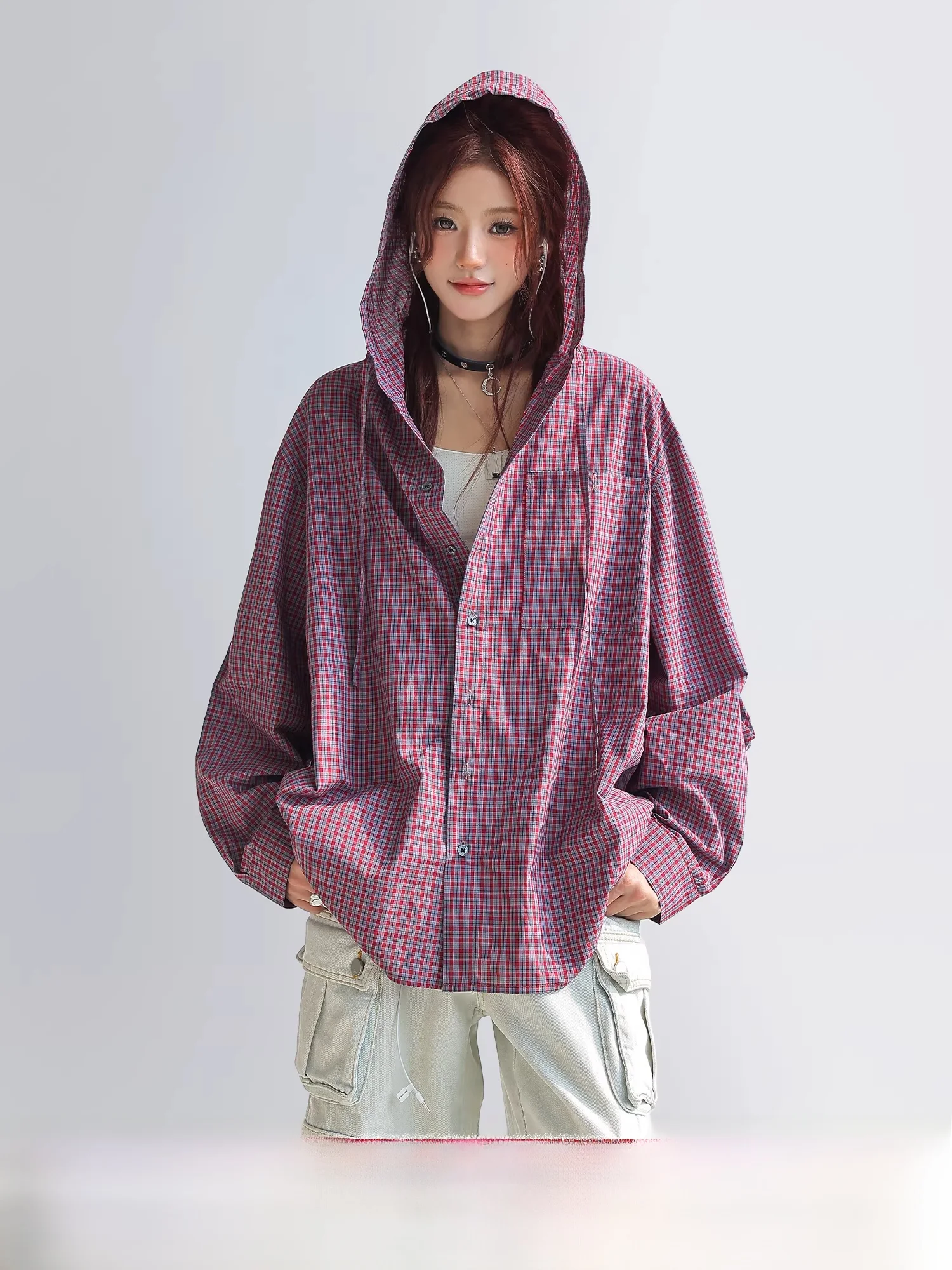 

Красная клетчатая женская свободная повседневная рубашка-куртка с капюшоном и длинными рукавами, винтажный стиль, из чистого хлопка, весна 2026