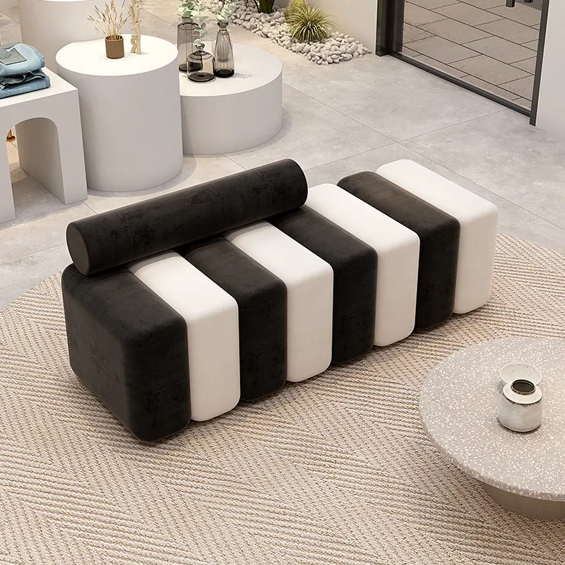 f*-Long Nordic Design Upholstered Bench Sofa Foot Rest with Movable Shoe-Changing Stool for Cloakroom & Beauty Salon