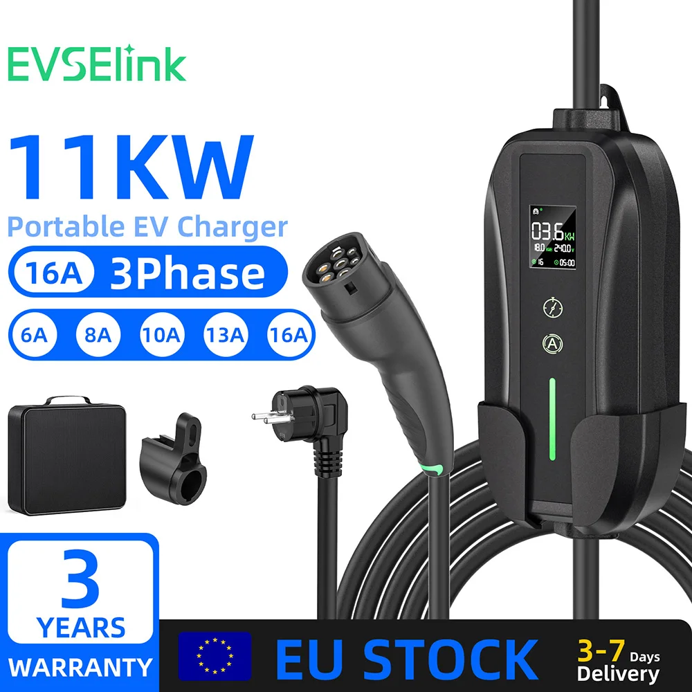 

EVSELink 16A 3 Phase Portable EV Charger Type 2 Wall box 11KW Charging Station 3.5M 5M Cable For Electric Vehicle Car Charger