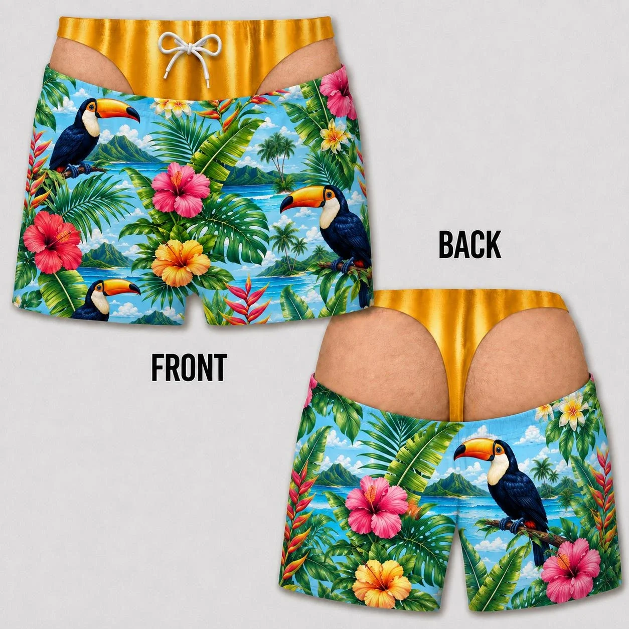 Men Funny Fake Two Piece Beach Shorts Hawaiian Sunset Print Novelty Gag Swim Trunks Gold Bikini Waist Board Shorts Pool Party