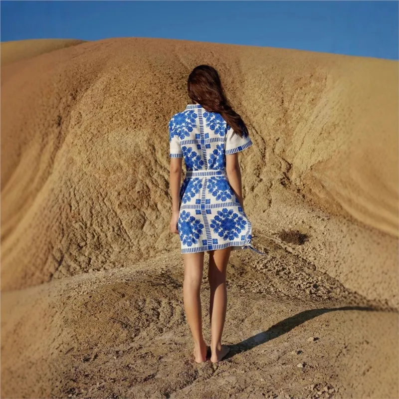 2025 Wzór Nadruk Retro Bohemian Sukienka Letnia Casualowa Sznurowana Koszula Biurowa Sukienka Elegancka Sukienka Damska z Krótkim Rękawem V Neck