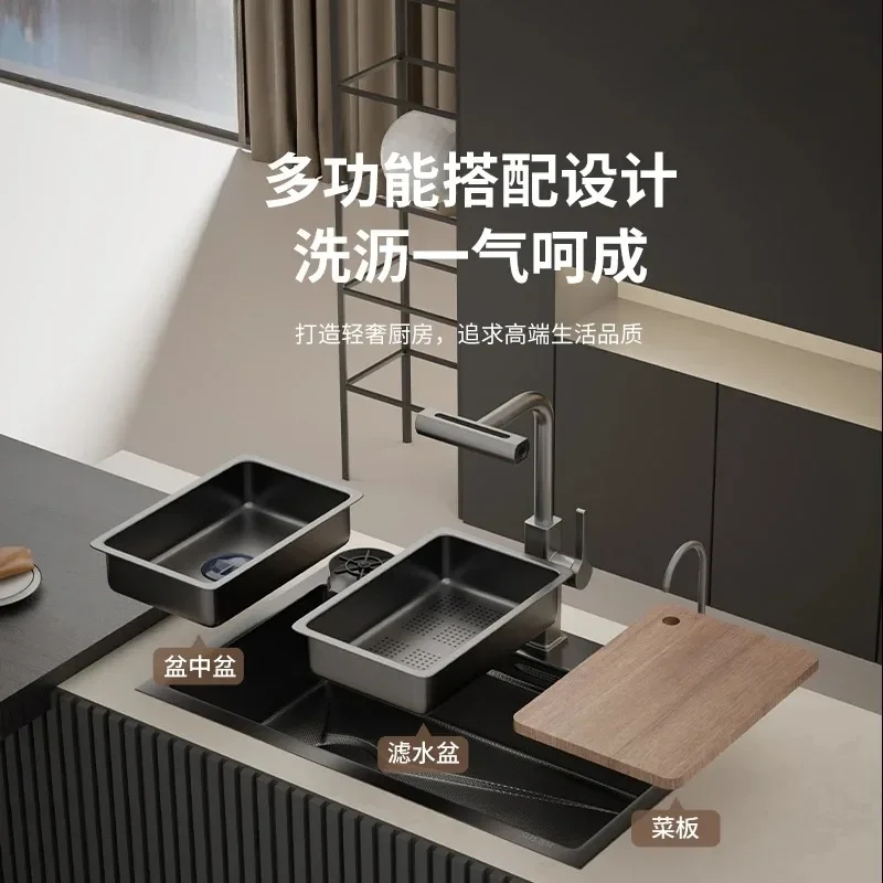 Stainless steel sink household millet embossed large single slot left launching thickened kitchen vegetable basin handmade basin