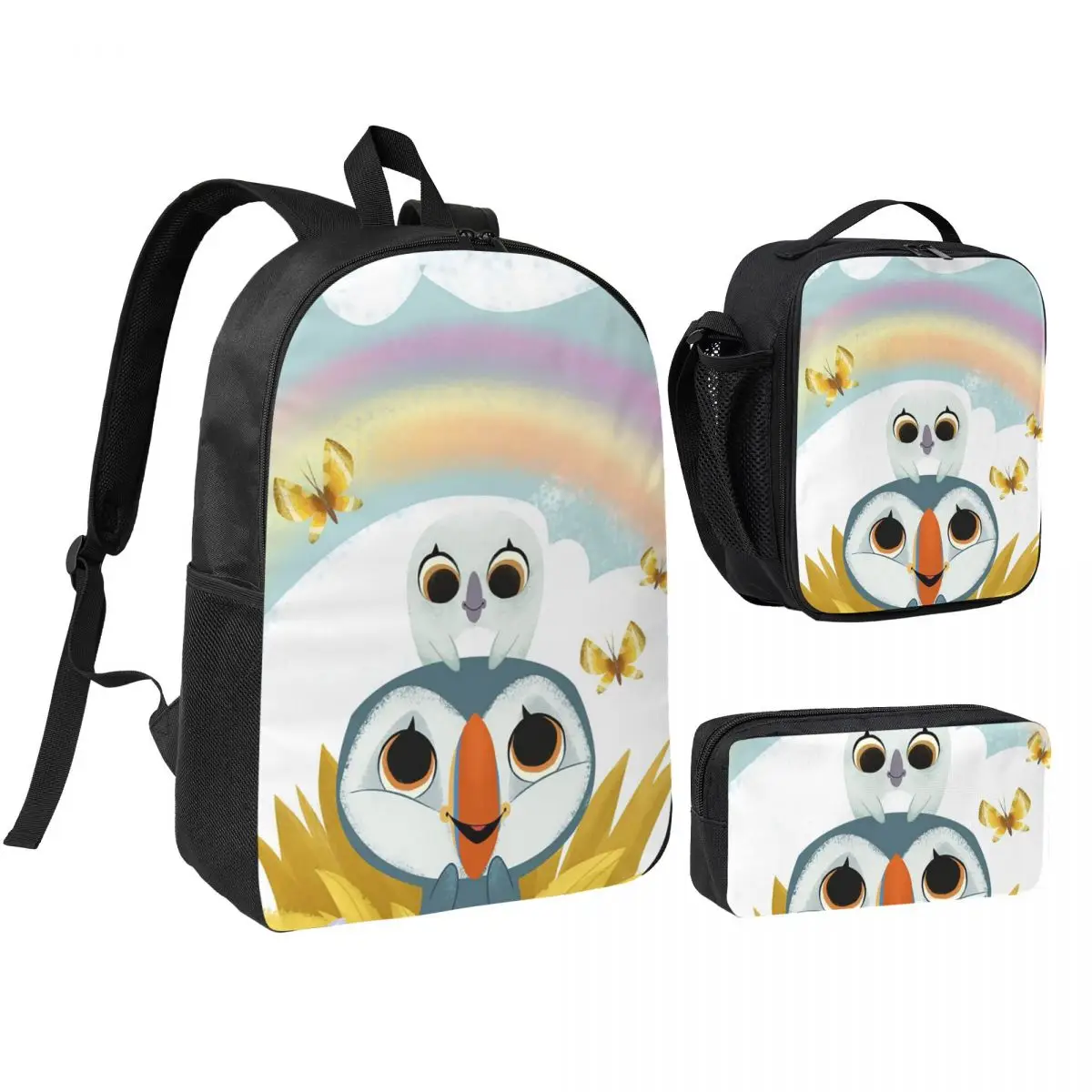 Puffin Rock And New Friends Backpack Student BookBag School Bag Shoulder Bags 3ps Insulated Lunch Bag Pencil Case