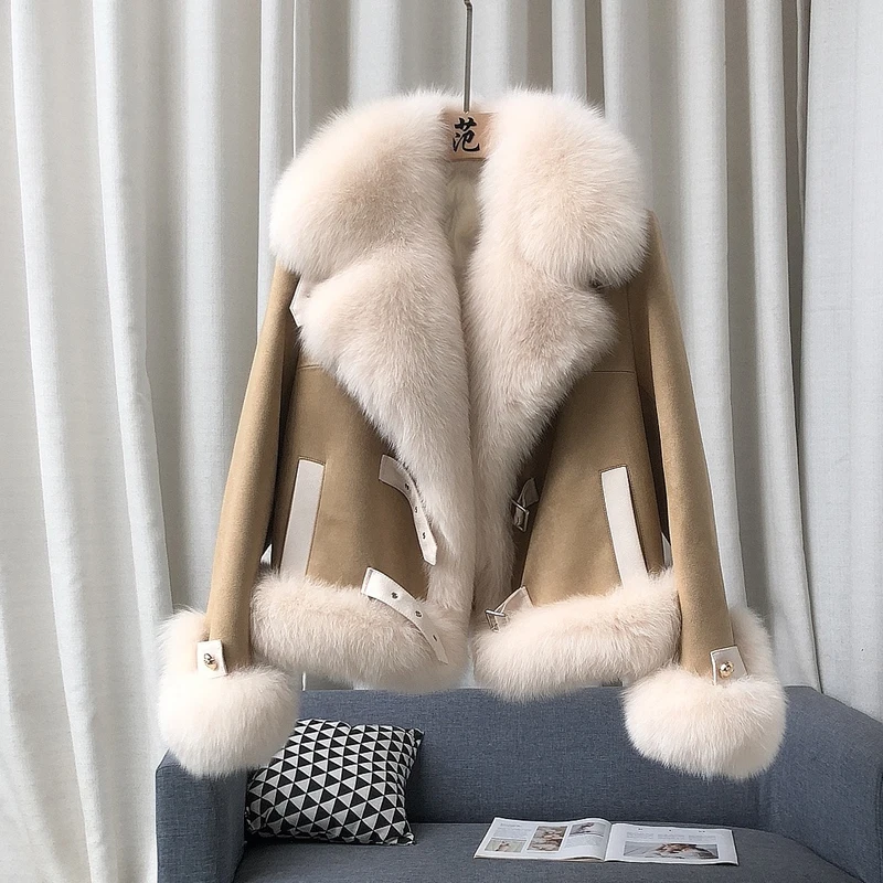 

2024 New Real fur,Luxurious high fashion real fur suede jackets outerwear natural Fur cuff vintage women woolen coats SI215