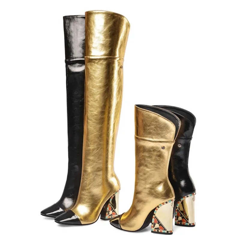 Colored Rhinestone Cowhide Mid Tube/knee Length Boots Thick Heeled Square Toe Black Gold Runway Runway Performance High Heels