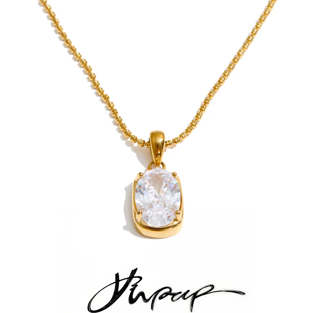 Yhpup Stainless Steel Cubic Zirconia Rectangle Pendant Necklace High-Grade Shiny Temperament Premium Jewelry Accessories