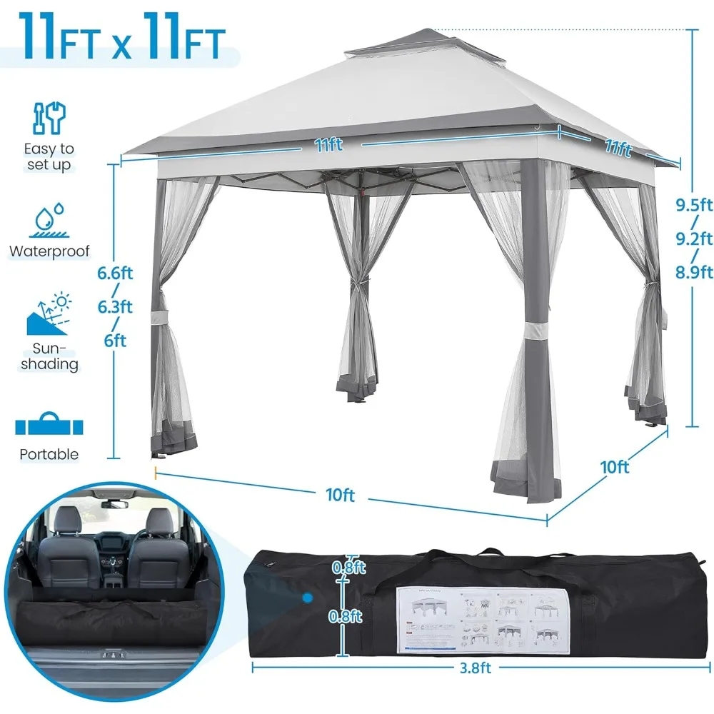 11x11 Pop Up Gazebo Outdoor Canopy Shelter, Instant Patio Gazebo Sun Shade Canopy Tent with 4 Sandbags, 2 Tiers Roof &