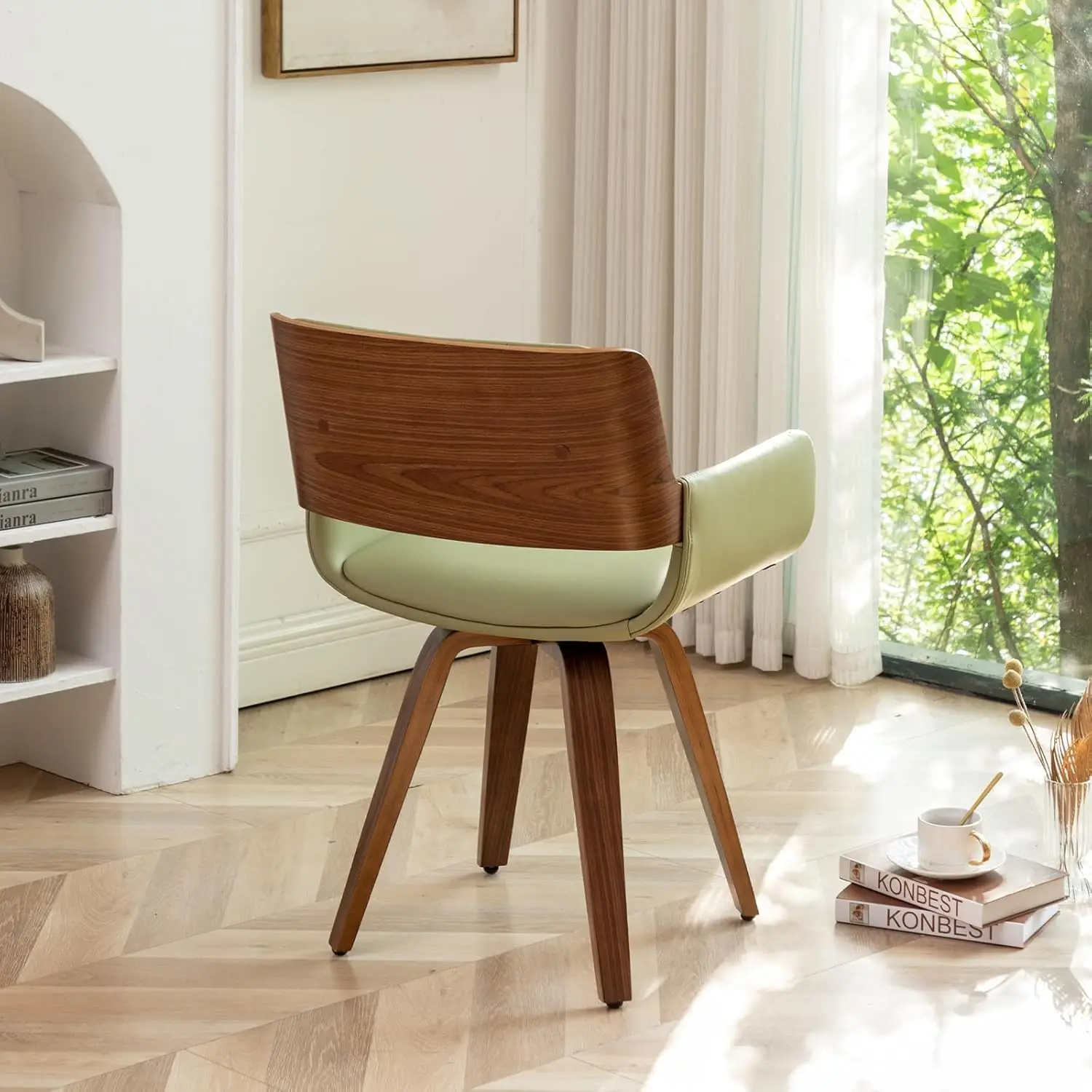 طقم كراسي طعام دوارة مكونة من قطعتين، جلد صناعي بيج، أرجل خشبية، أقدام قابلة للتعديل #3