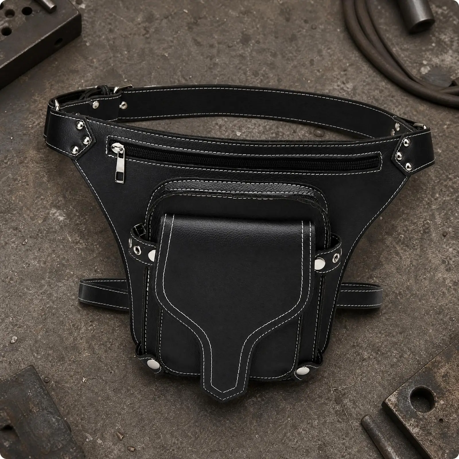 Unisex Waist Thigh Bag PU Material Biker Style Hip Pack with Front Flap Pocket for Festival Cycling Hiking