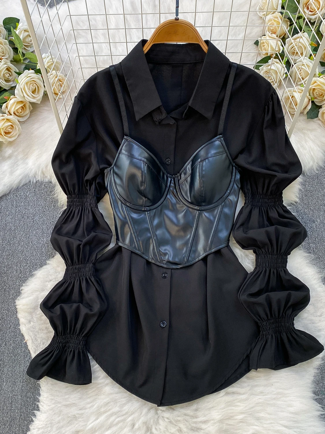 

Slimming Long Sleeve Lantern Sleeve Shirt Outerwear Fishbone Waist Cinched Cool PU Leather Jacket Commute Style Loose Fit Wom...