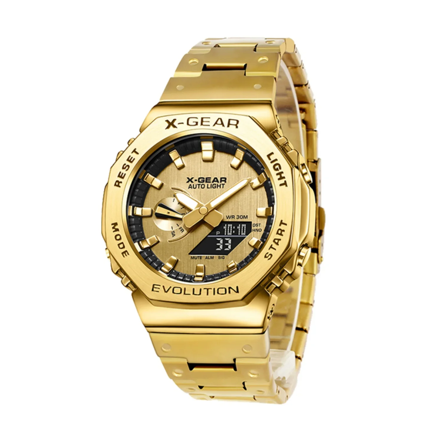 مقاومة للصدمات 2100 للجنسين ساعة رقمية حزام فولاذي قابل للطي مشبك LED عرض مزدوج السيارات اليد رفع ضوء GMB البلوط سلسلة