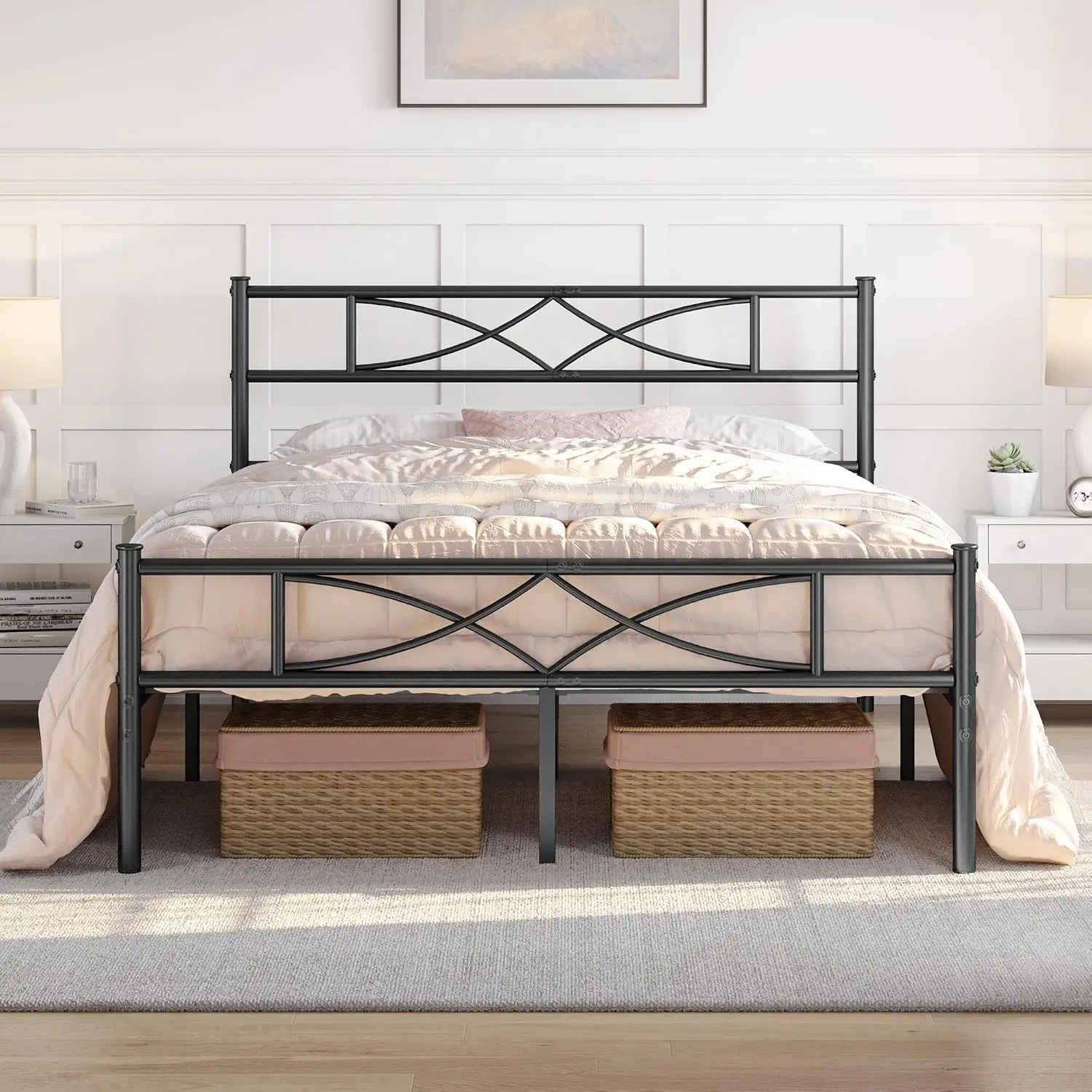Black Full Size Metal Bed Frame Featuring a Curved Headboard