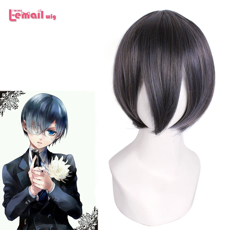 L-email wig Synthetic Hair Anime Black Butler Ciel Cosplay Wigs Short Mixed Gray Blue Cosplay Heat Resistant Wig