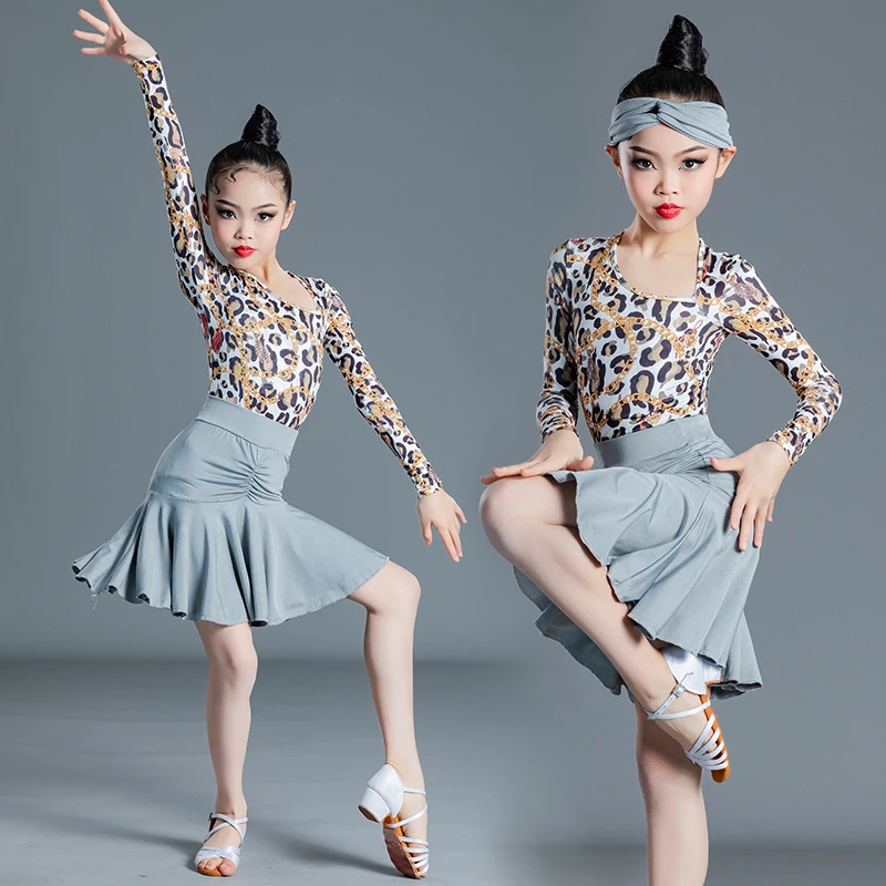 Children's Latin dance costume Girls' long and short sleeved Latin dance skirt performance costume children's Latin practice com