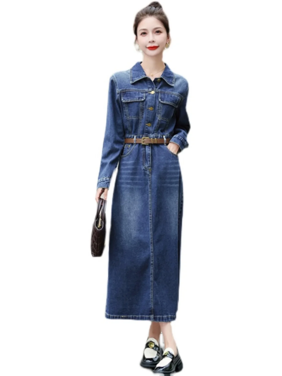 Ele Long Sve Denim Dr Women's Autumn New Sle Retro Unique Waist-Cinching A-Line Skirt Korean Sle  Collar