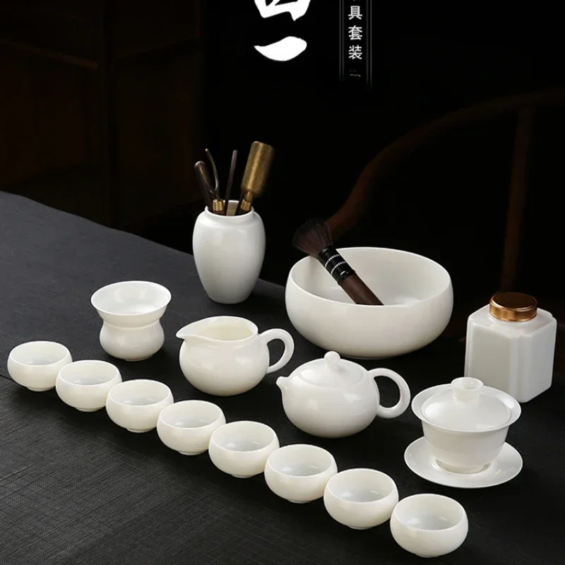 Sheep fat jade white porcelain Kung Fu tea set