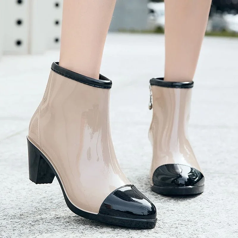 Rain Boots Luxury Designer Women Chunky Heels Rubber Shoes Waterproof Pvc Garden Work Galoshes Ankle Boot Rainshoes Footwear2023