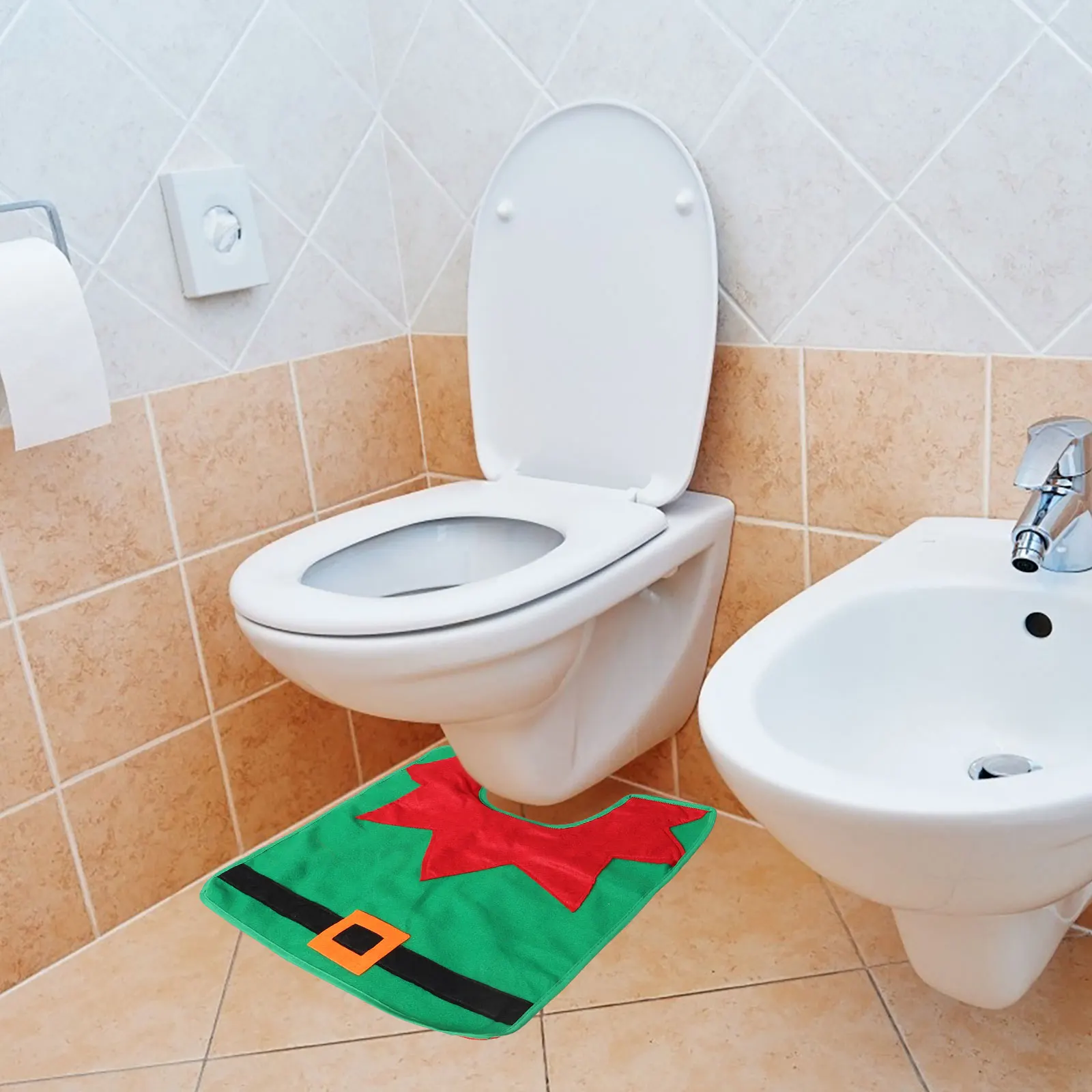 

3 pcs Christmas Toilet Seat Cover Rug Set Patterned Bathroom Decoration Cover For Xmas Holiday Home Decor Oval Round Fit