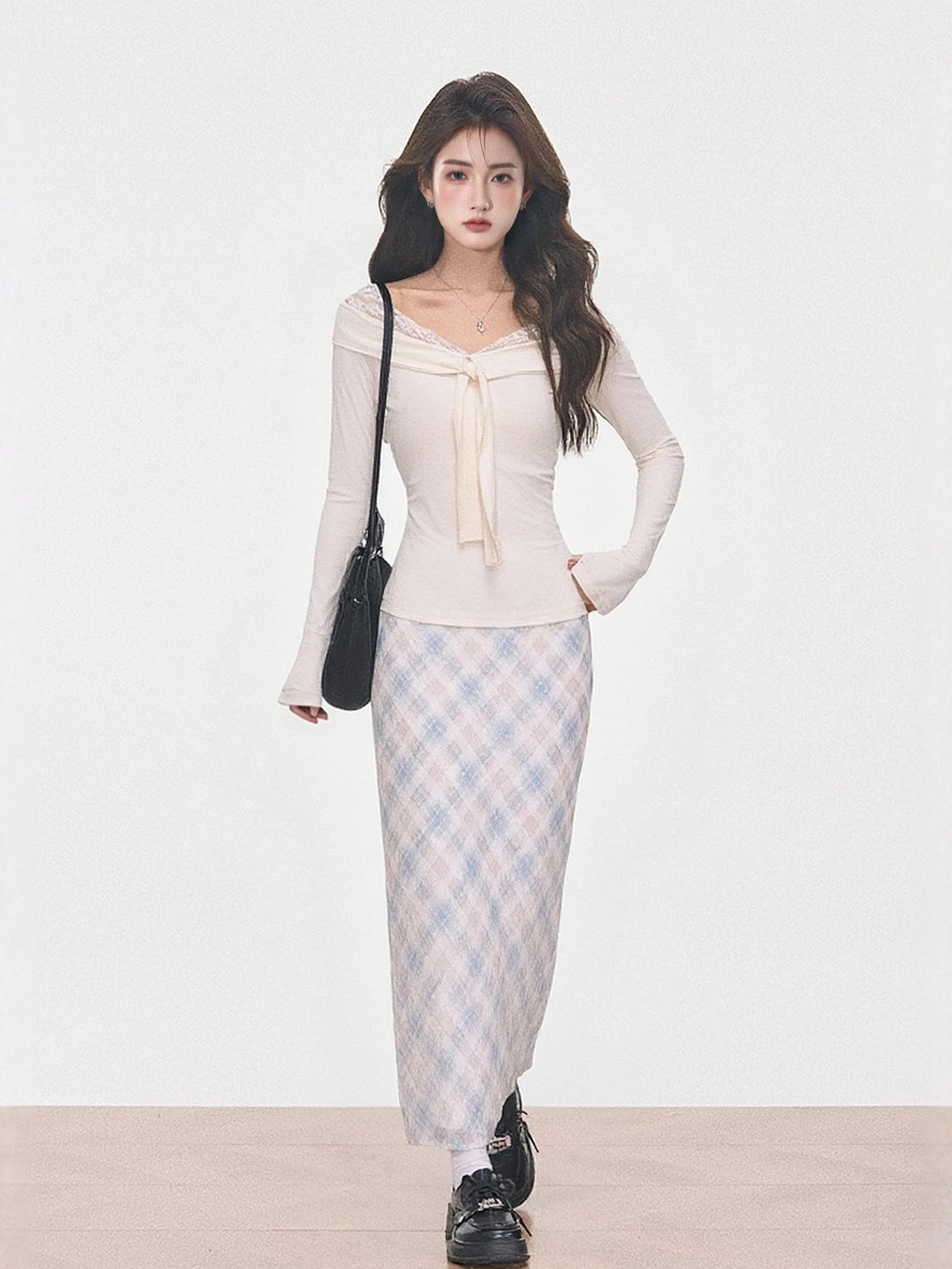 

LIXIAOWAN Lace Knitted Belted Top Slim Fit Long Sve Dr Design Sensation Women's Spring New Sle Casual Faion Set