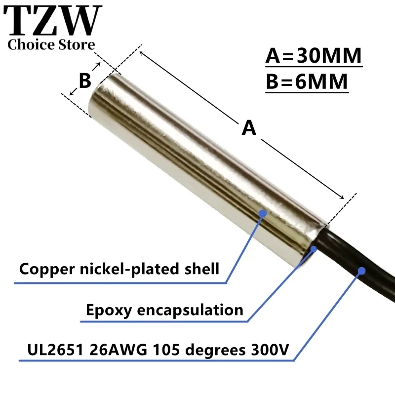 TZW 1PCS NTC Thermistor Temperature Sensor B3950 5K/10K 1% Waterproof Probe Air Conditioning Probe 6x30MM Probe L50CM