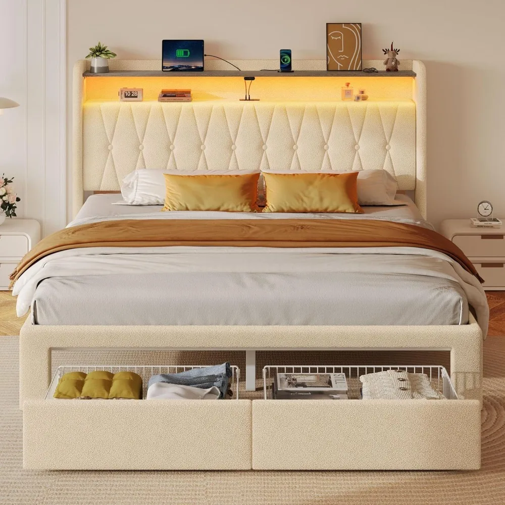 Bed Frame with Drawers, Storage Headboard with Charging Station and LED Lights, Upholstered Bed with Heavy Duty Wood Slats