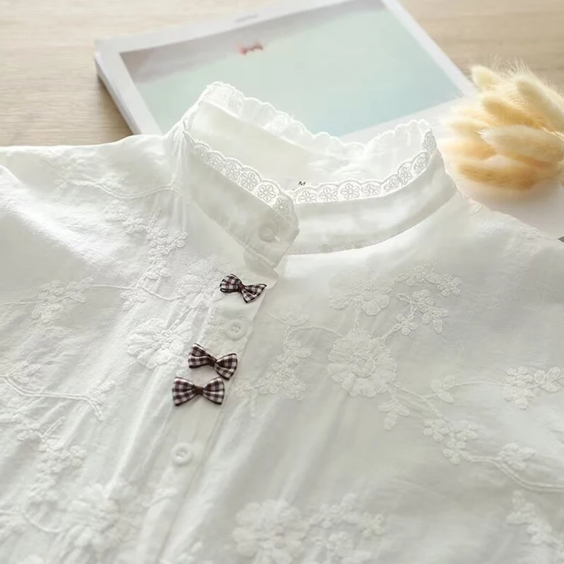 Spring Autumn Embroidery Stereoscopic Bow Shirt Women Clothes White Cotton Stand Collar Long Sleeved Sweet Shirts & Blouses U266