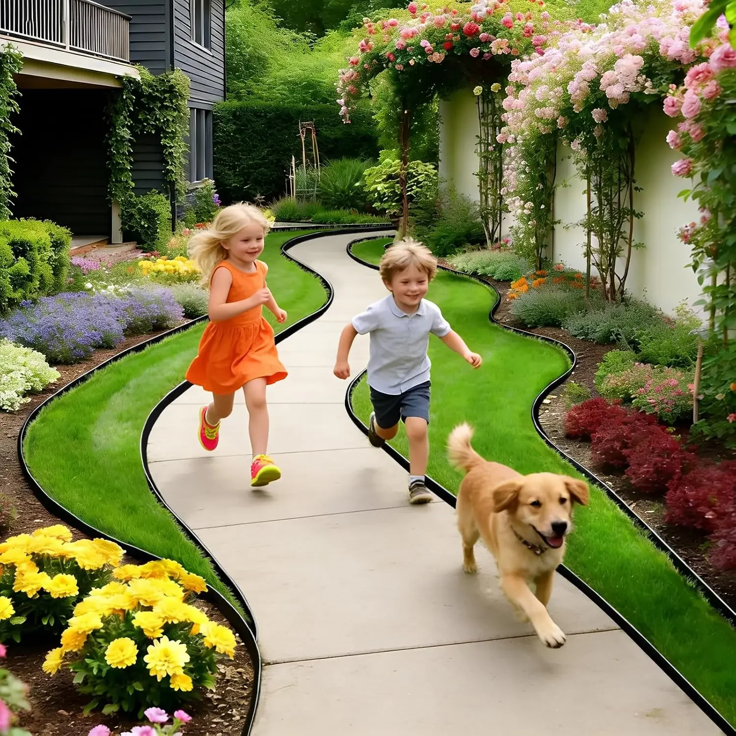 4 Inch Tall Landscape Edging, 132FT Garden Lawn Edging Kit with 120 Spikes, No Dig Plastic Border for Flower Beds, Pathways