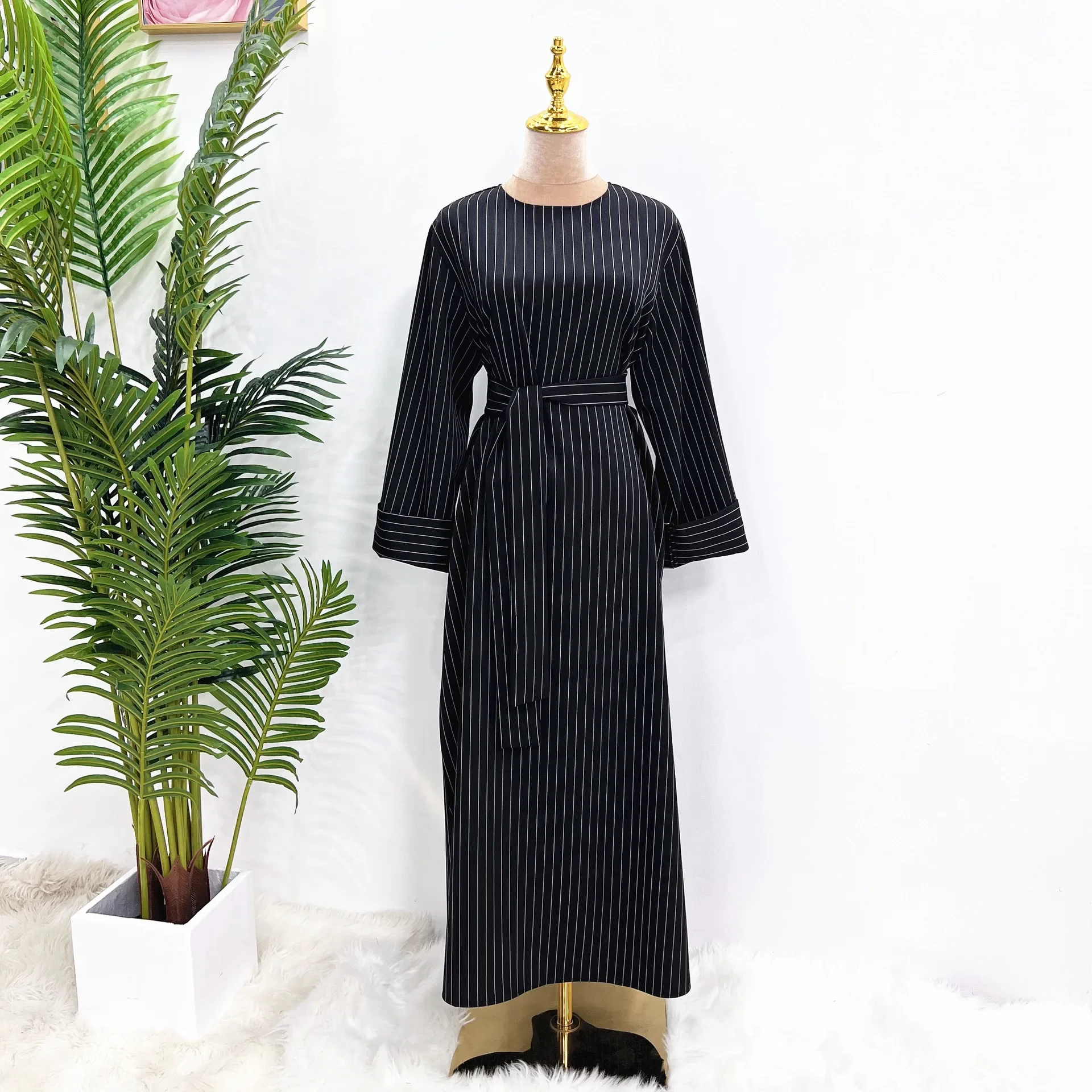 Women Muslim Ramadan Striped Print Maxi Dress 2023 New Long Sleeve Abaya Turkey Hijab Robe Islamic Kaftan Lace up Casual Dress