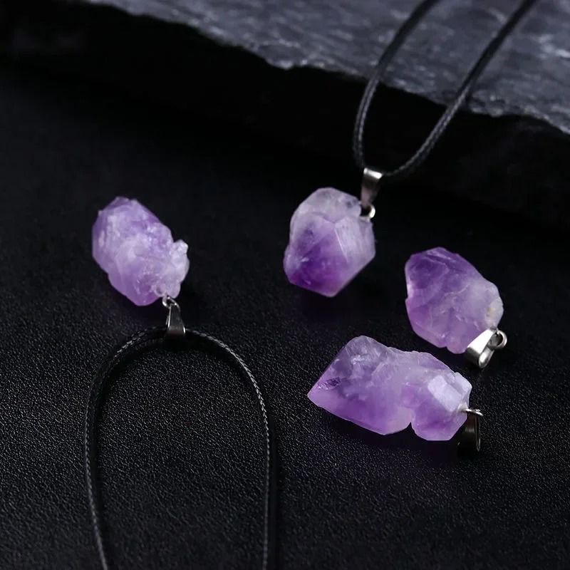 1PC Natural Crystal Rough Stone Amethyst Pendant Energy Healing Gemstone Amethyst Necklace Charms Chakra Halo Jewelry for Women