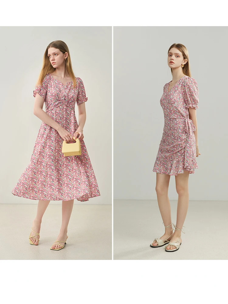 FSLE 2022 Summer New French Gentle Wind Women\'s Floral Dress V-neck Mini Chiffon Skirt Long Dress Female Holiday Sense