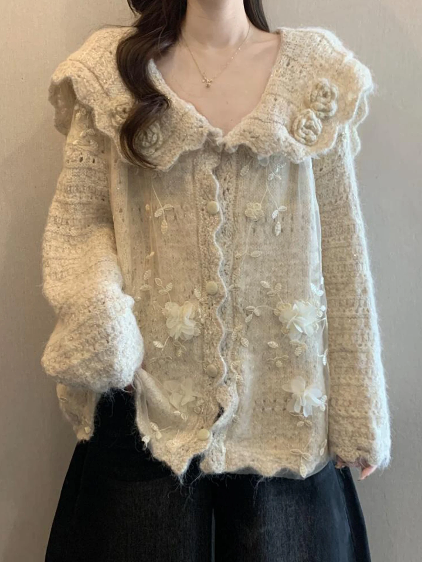 

Вязаный кардиган с темно-синим воротником, женский, больших размеров, осенне-зимний свитер-жакет с 3D цветочной вышивкой, свободный крой, повседневный стиль