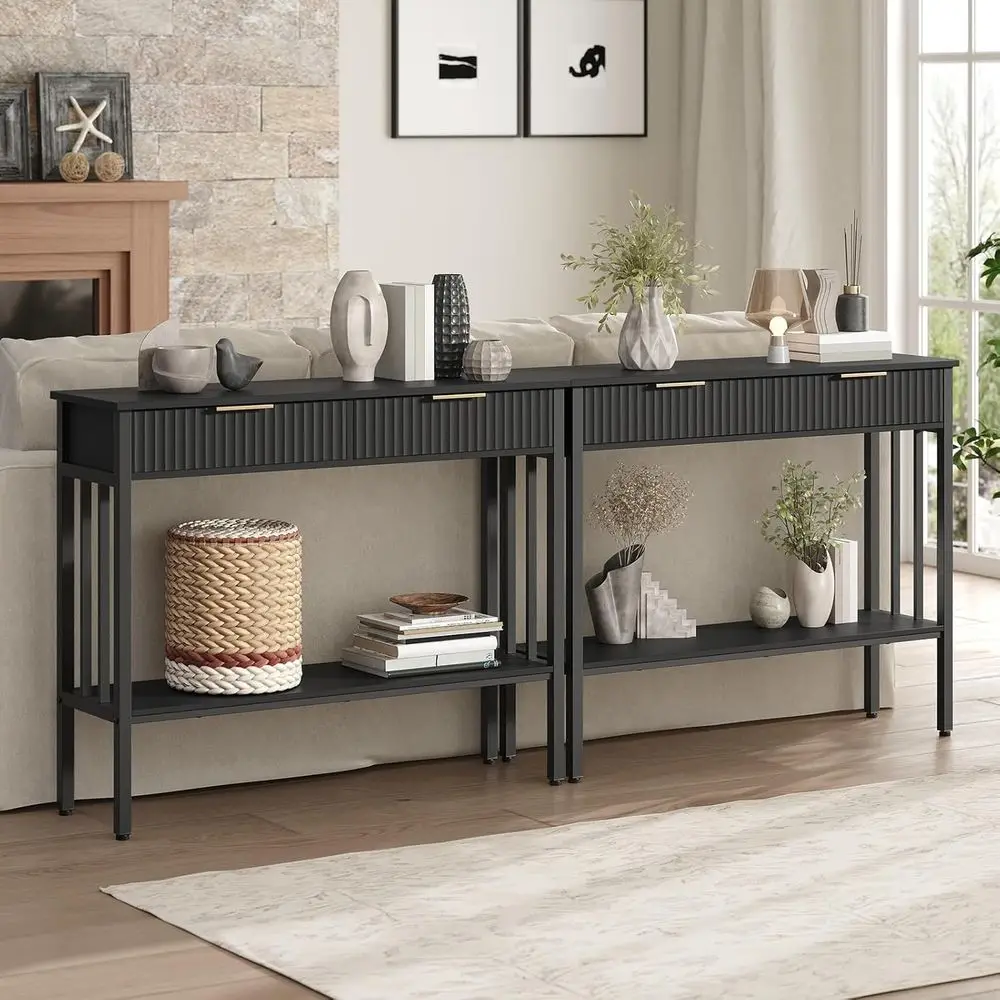 Black 2-Tier Fluted Console Table with Storage Shelf and Drawers for Entryway, Living Room, and Office, CTHB5101