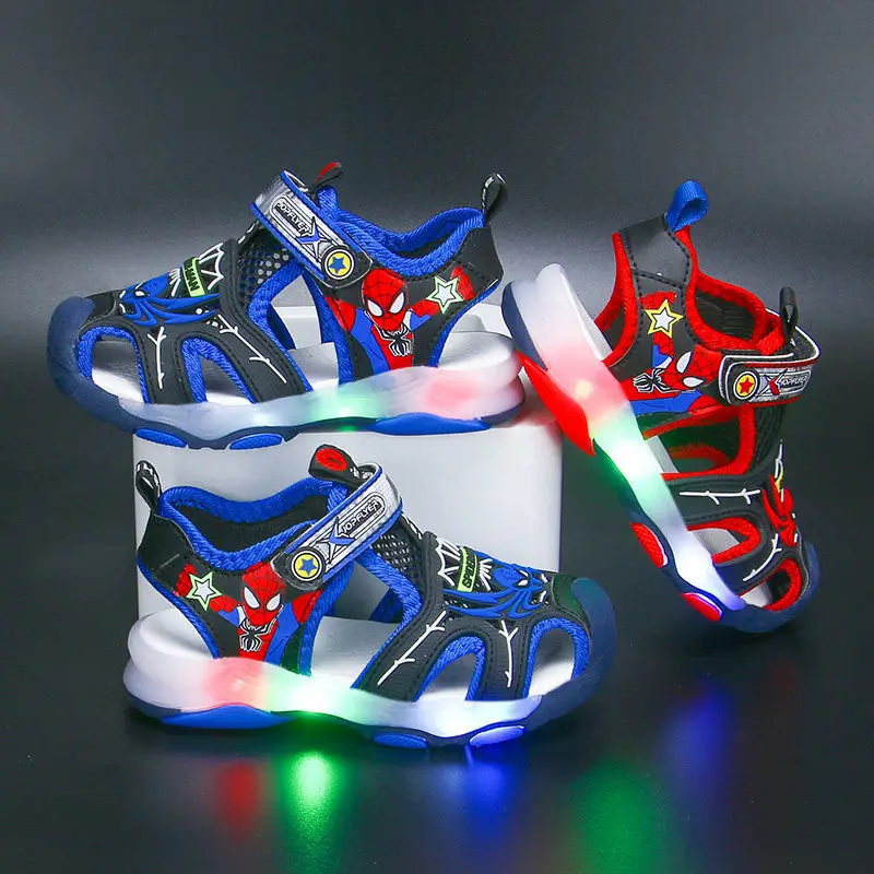 Sandales à Semelle Souple avec Lumière LED pour Garçon, Chaussures Décontractées, en Maille, Bleues et Rouges, pour la Plage, Taille 23 à 34, Été