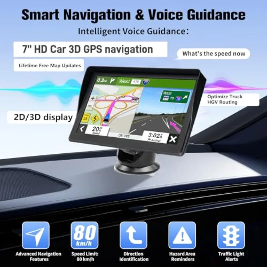 GPS Navigator for Car Truck RV - 7'' HD Touchscreen Navigation System, Latest 2025 Maps Free Lifetime Updates, Speed and Red Li