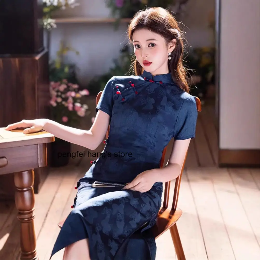 

Petite Women Midi Qipao Retro Republic of China Style Denim Blue Butterfly Jacquard Cheongsam Vestidos Summer Autumn