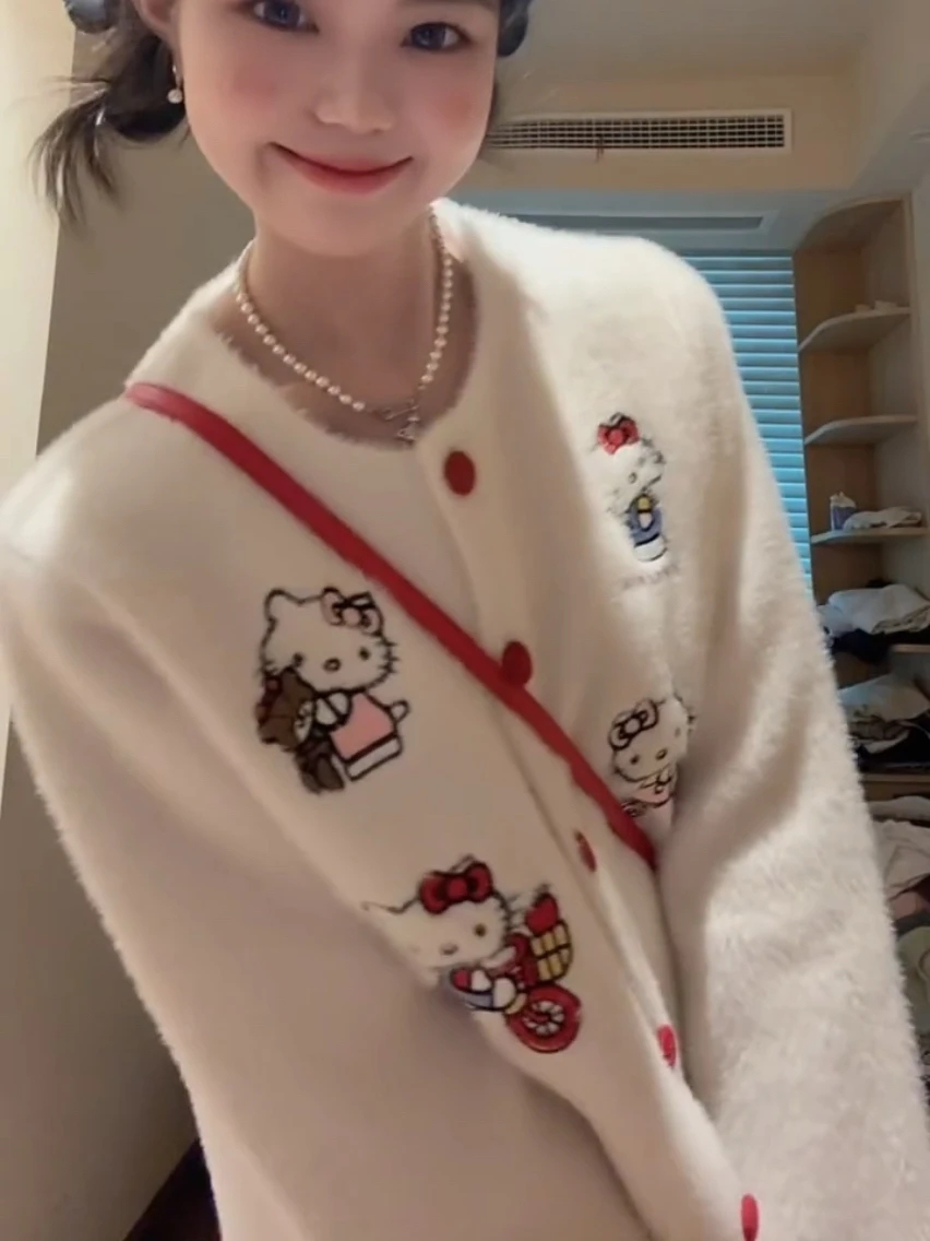 سترة كرتونية مطرزة بياقة مستديرة وكارديجان مفتوح محبوك للنساء بأسلوب كسول يناسب جميع الإطلالات لموسم الخريف والشتاء إصدار جديد