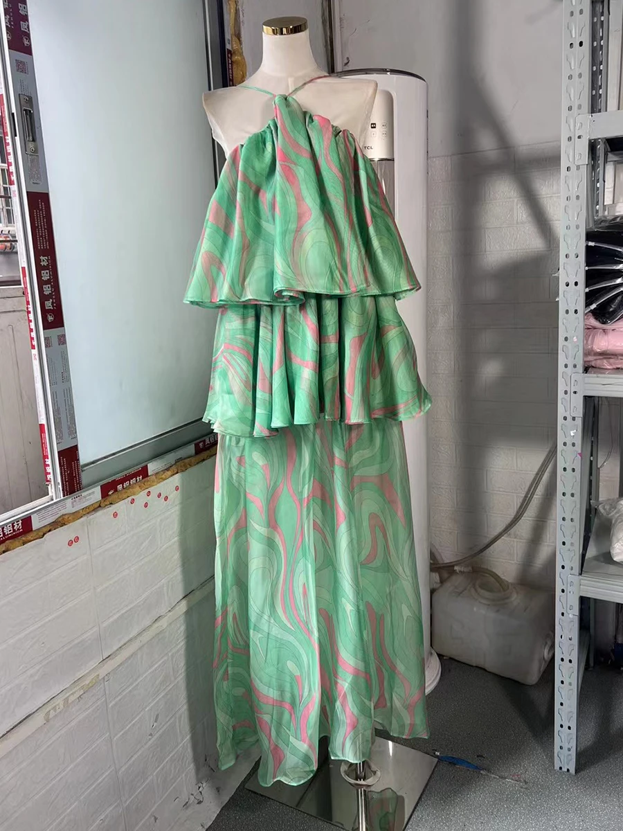 VGH موضة مساء بقماش شفاف فستان طويل للنساء الرسن تقسم متعدد الطبقات الكشكشة بلا أكمام فساتين الحفلات التدرج الإناث #6