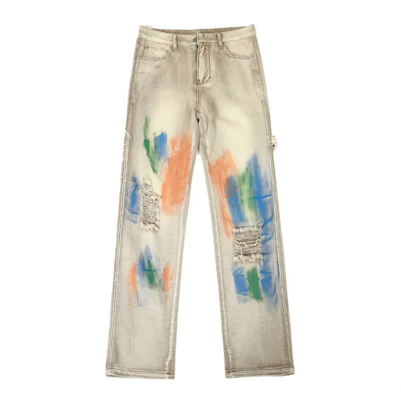 Color washed jeans ripped ins high street men European vibe tie-dye pants fashion brand men straight pants