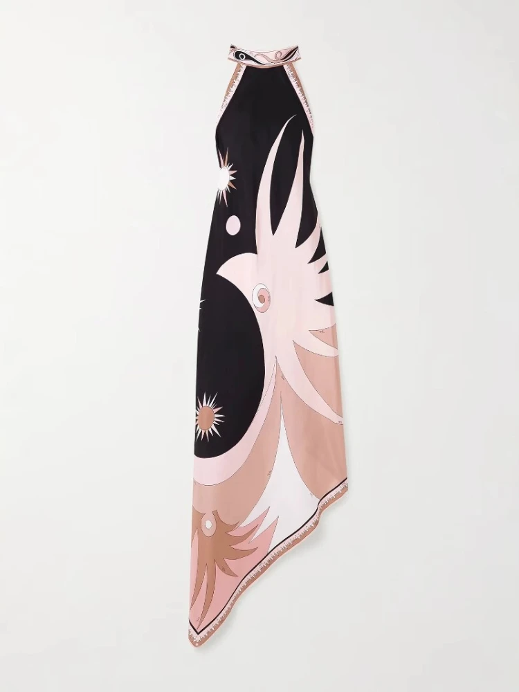 فستان حفلات طويل على طراز عطلة صيف 2025 مثير برقبة معلقة وطباعة زهور بدون ظهر من الساتان على طراز الشاطئ #3