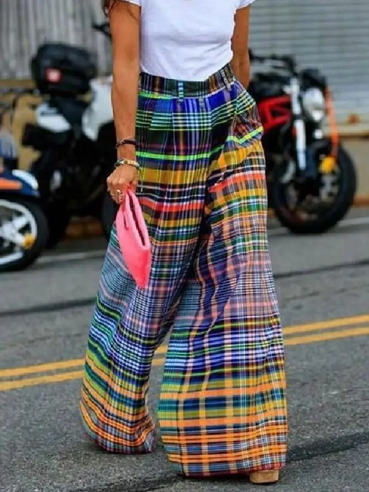 Missuoo 2024 New Female Vintage Multi-colored Plaid Pants Spring and Summer Loose Casual Floor-length Wide Leg Pants for Women