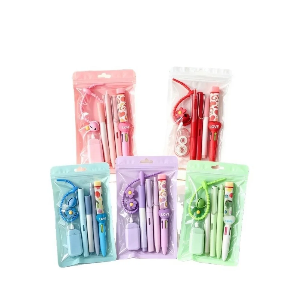 Durable 7-in-1 Flower Stationery Set with Keychain Multi Color Pen Gift Set 7 in 1 Pen Set School Supplies