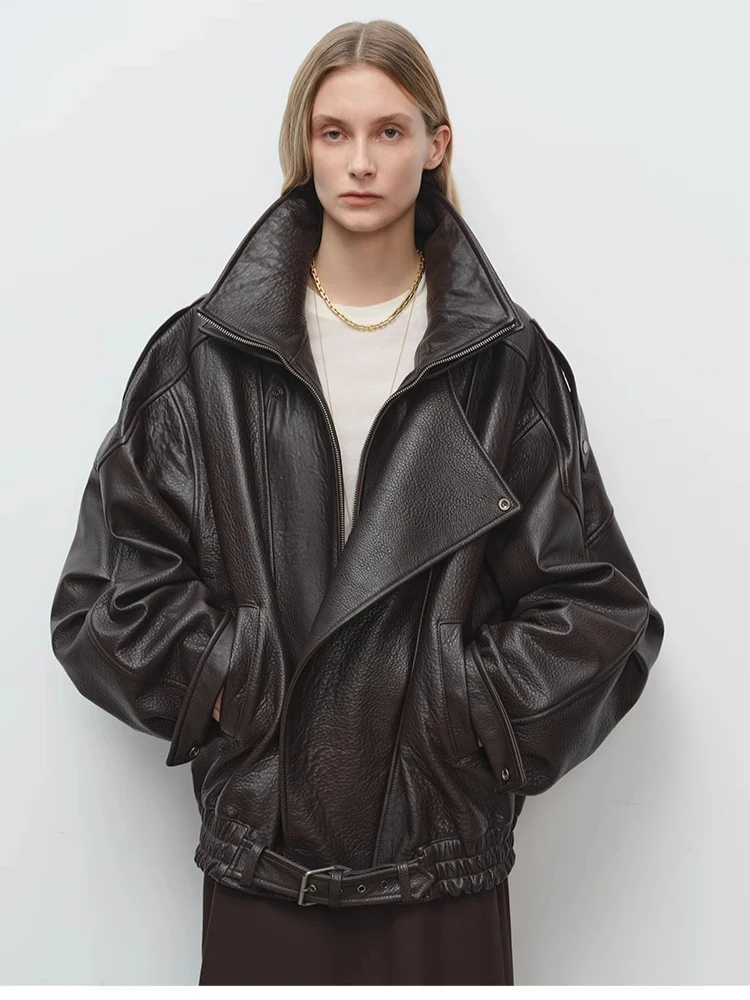Oversize Genuine Leather Motorcycle Jacket for Women High-end Simple Double-layer Stand Collar Design Bubble Real Sheepskin Coat