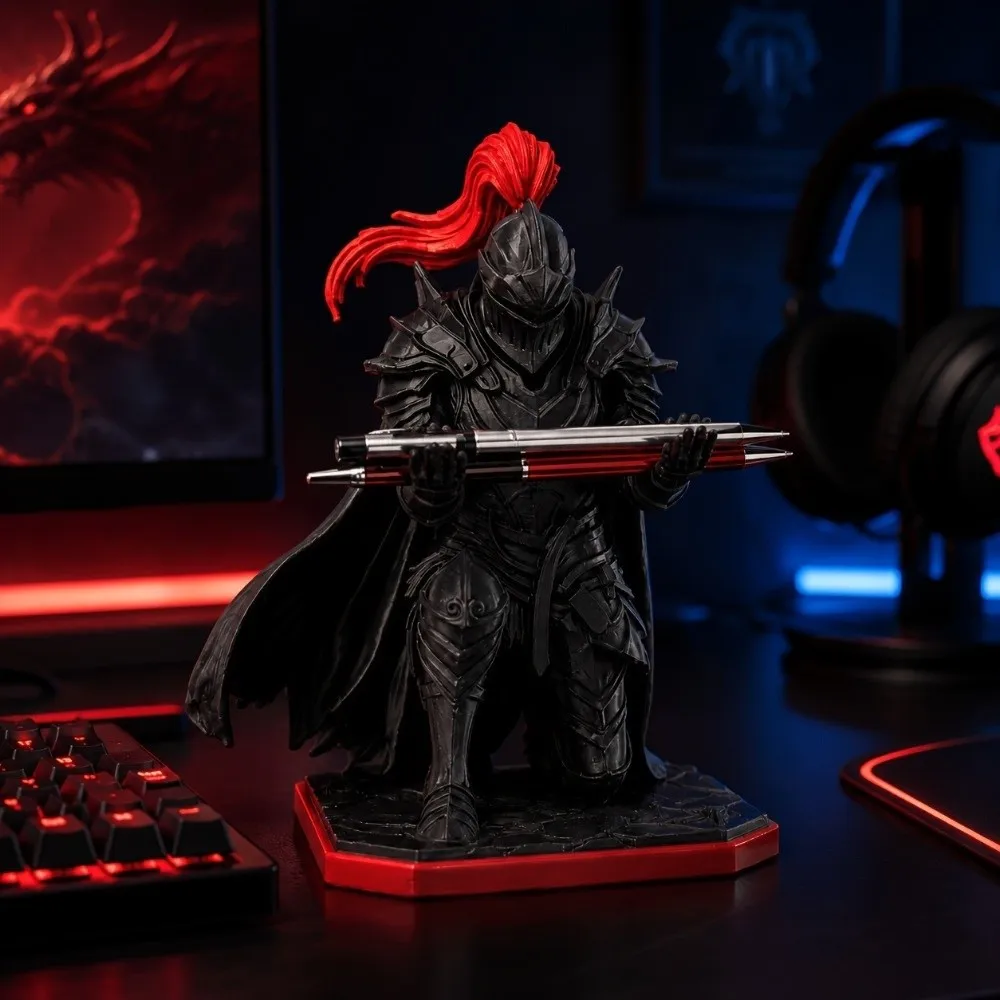 Plastic Kneeling Knight Pen Holder Statue 3D Printed Red Plume Medieval Warrior Desk Pen Stand Novelty Gift Pen Display Holder