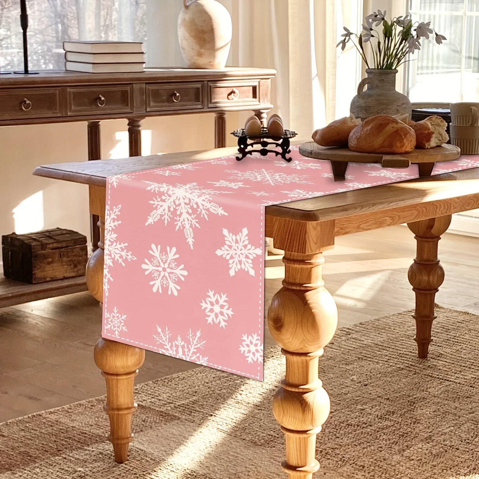 Eleganter weißer Schneeflocken-Rosa-Tischläufer für den Winter, Weihnachten, Urlaub, Küchentischdekoration, Heim-Party-Dekoration, festliche Farben