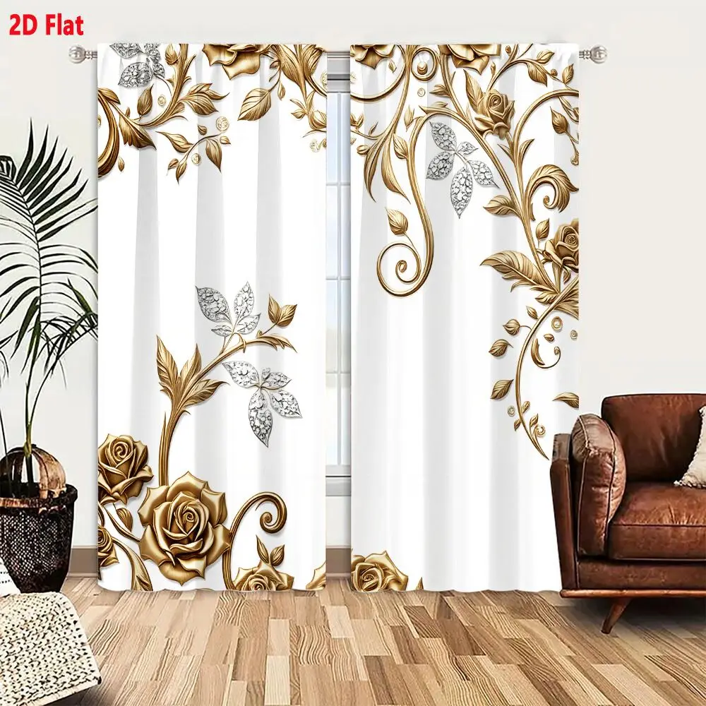 2Pcs Curtains Add 2D Flat Elegant Baroque Gold And Silver Floral Border With Roses And Vines On White Background Window Drapes f