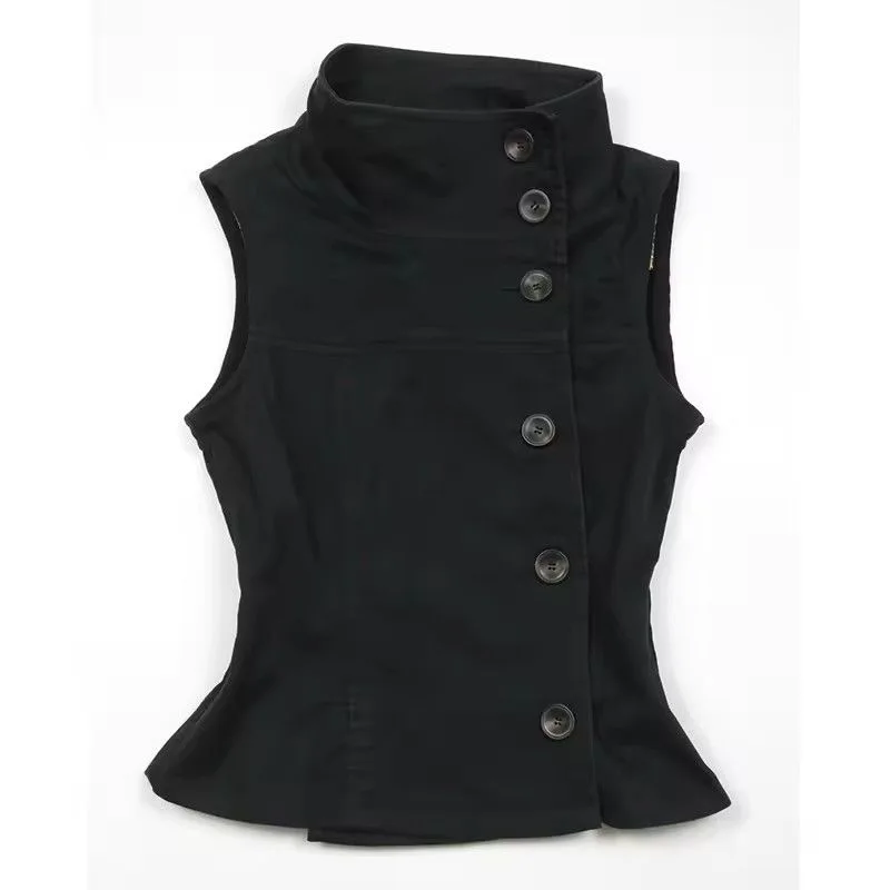 

Жилет Kimotimo в винтажном стиле с воротником-стойкой, женский, эстетика Y2K, облегающий, без рукавов, черный, в стиле Spicy Girl, куртка-жилет