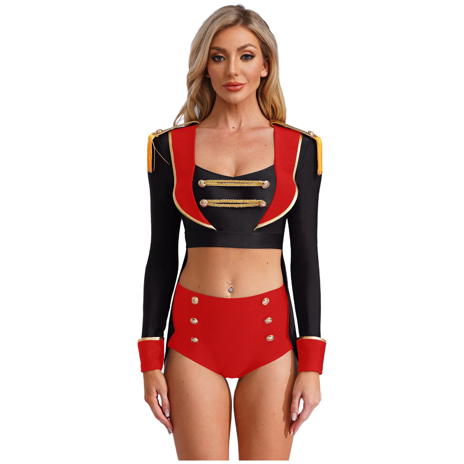 

Sexy Uniform Women Circus Ringmaster Fringe Epaulet Tailcoat Top And Mini Shorts Set for Halloween Carnival Performance Costume