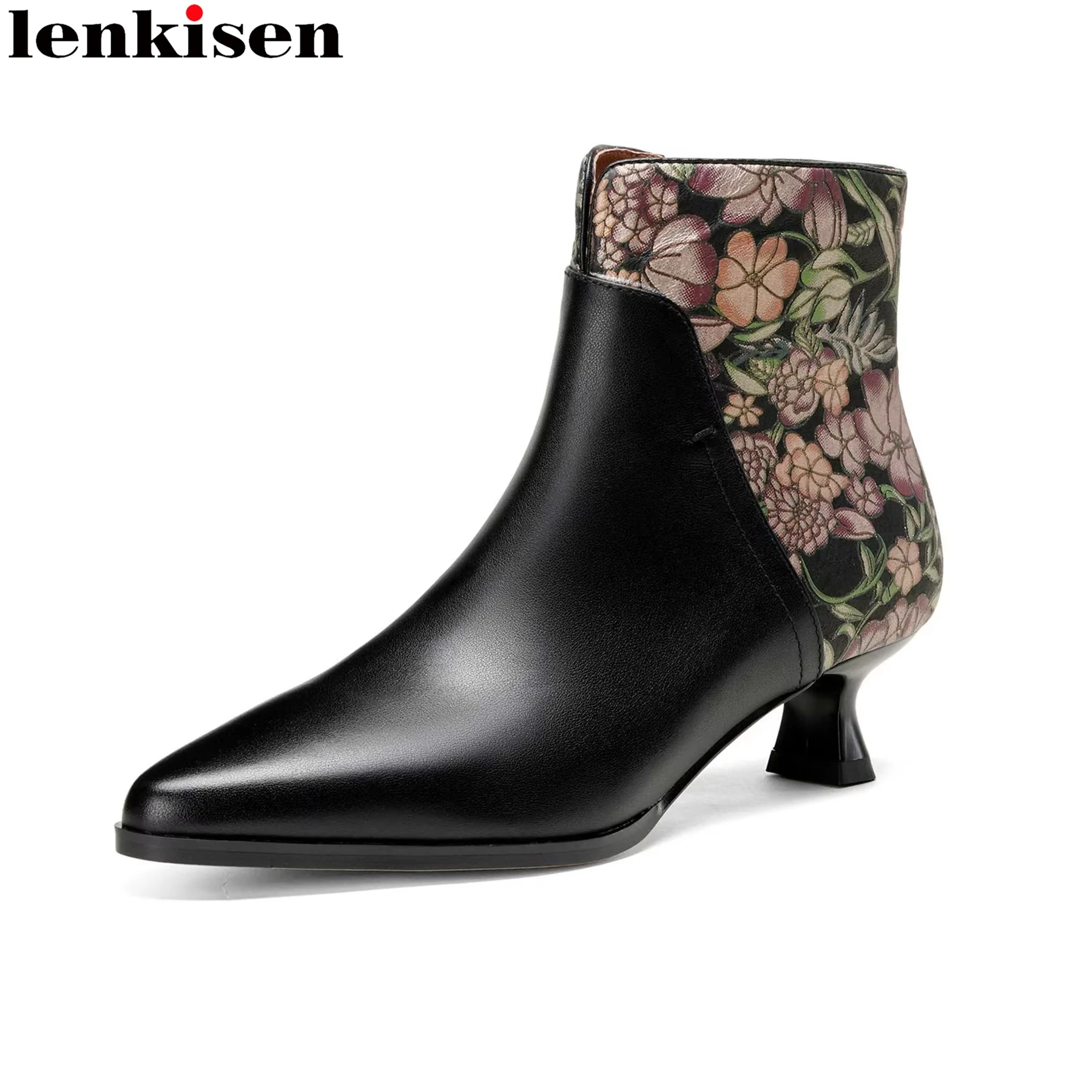Plus Size 33-43 Cow Skin Pointed Toe Med Heels Zipper Modern Boots Embroidery Warm Winter Shoes Dating Flower Brand Ankle Boots