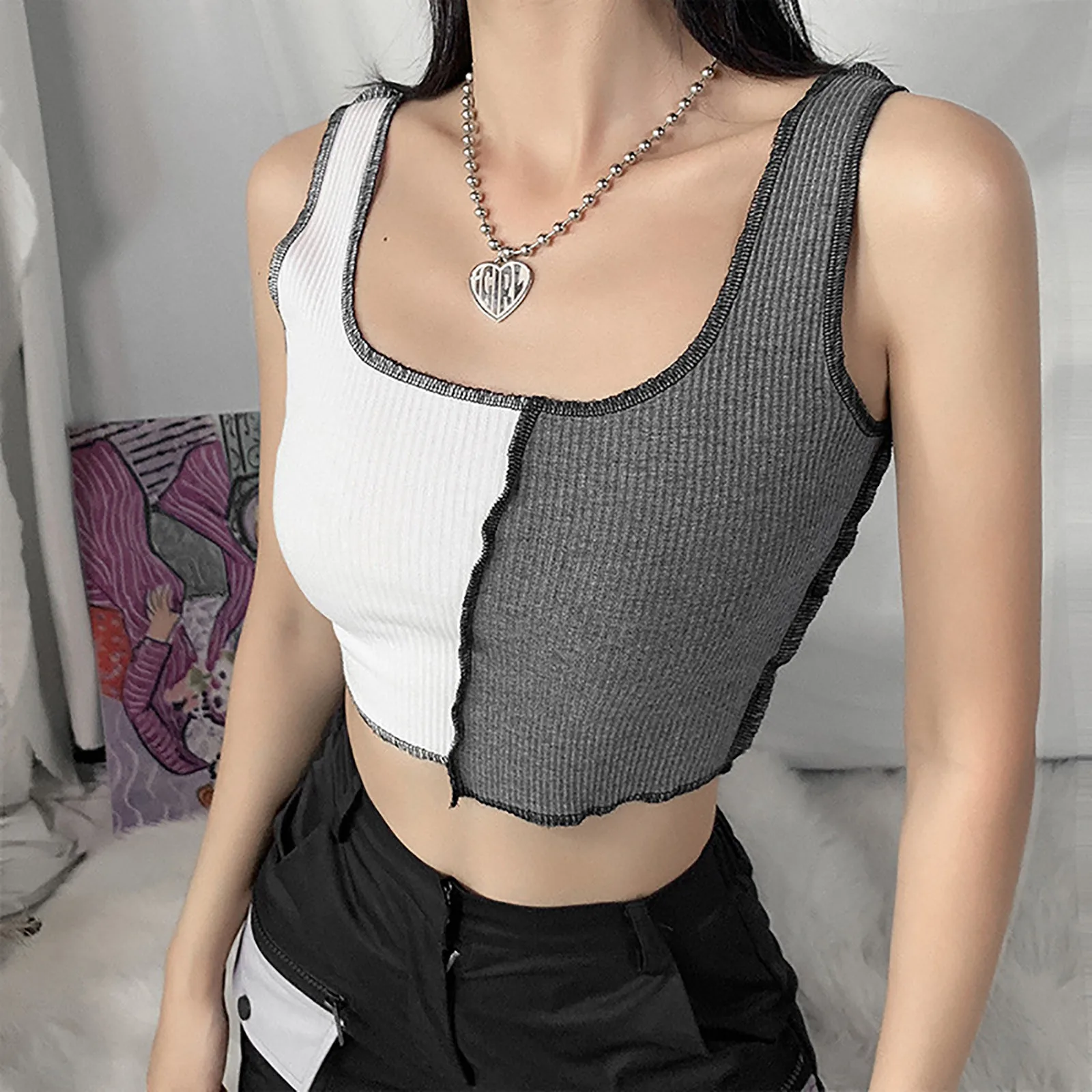 Black White Patchwork Crop Top Bare Midriff Summer Women Tank Top Streetwear Sleeveless y2k Tops